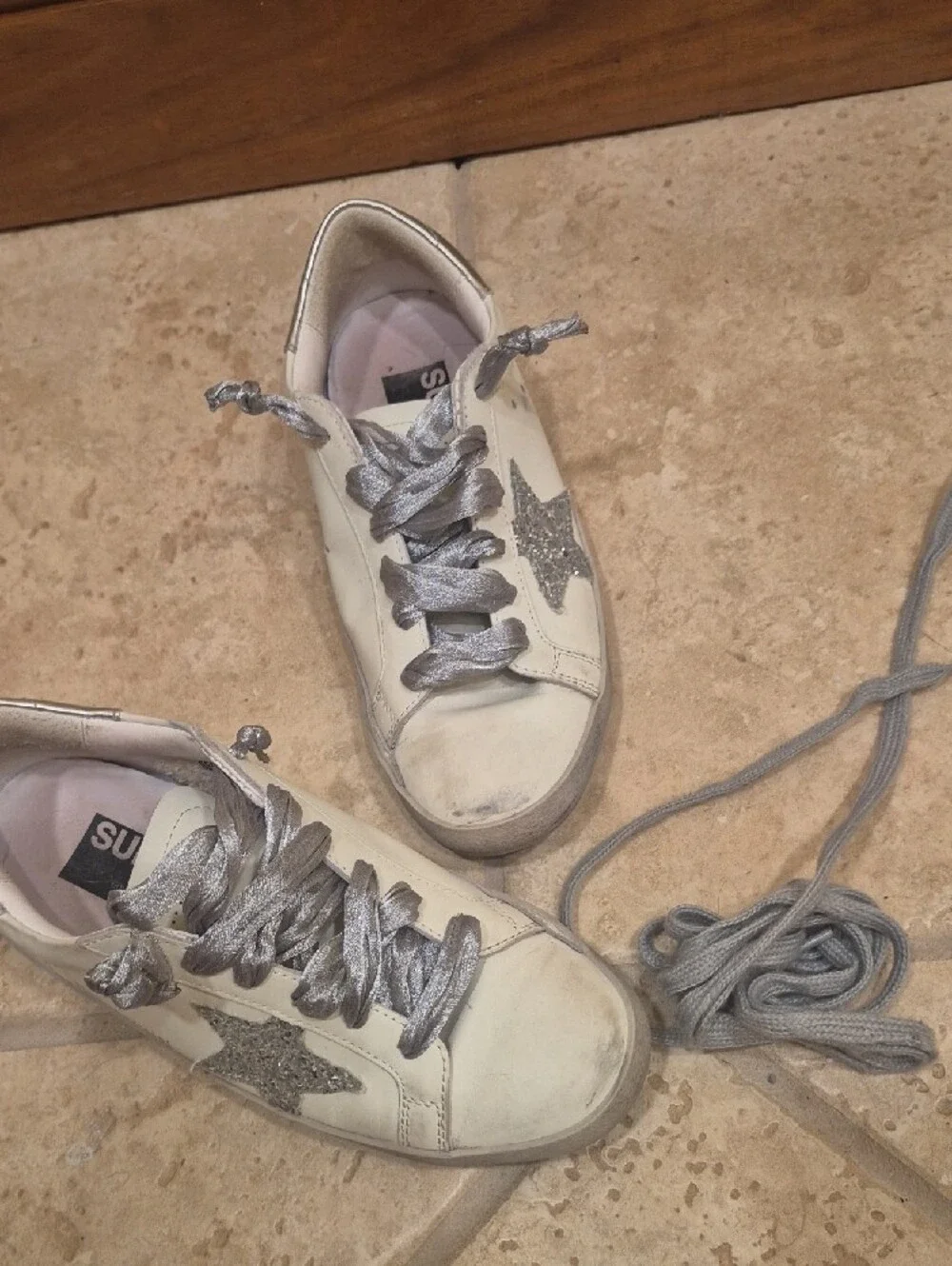 Golden Goose Cream Leather Sneakers with Silver Star & Laces